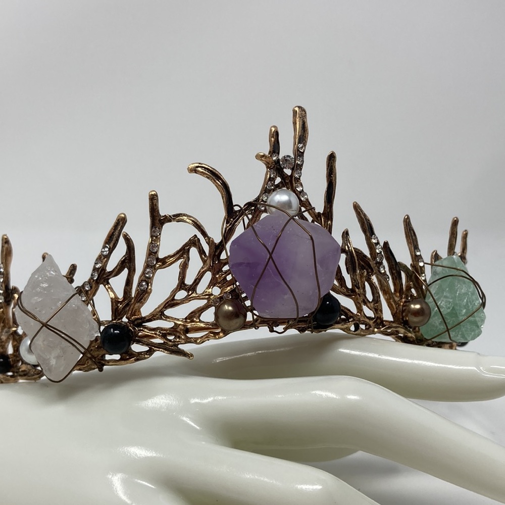 Majestic Genuine Gemstone Crown with Amethyst, Fluorite & Quartz Crystal - Picture 2 of 6
